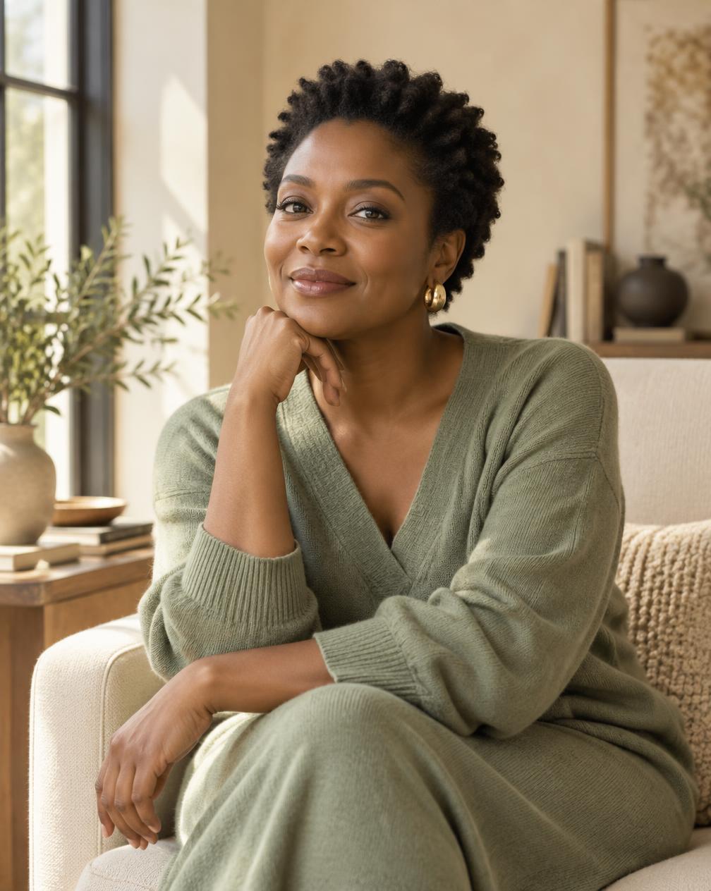 Maya Adeyemi, wellness and life coach, seated by a sunlit window in her studio