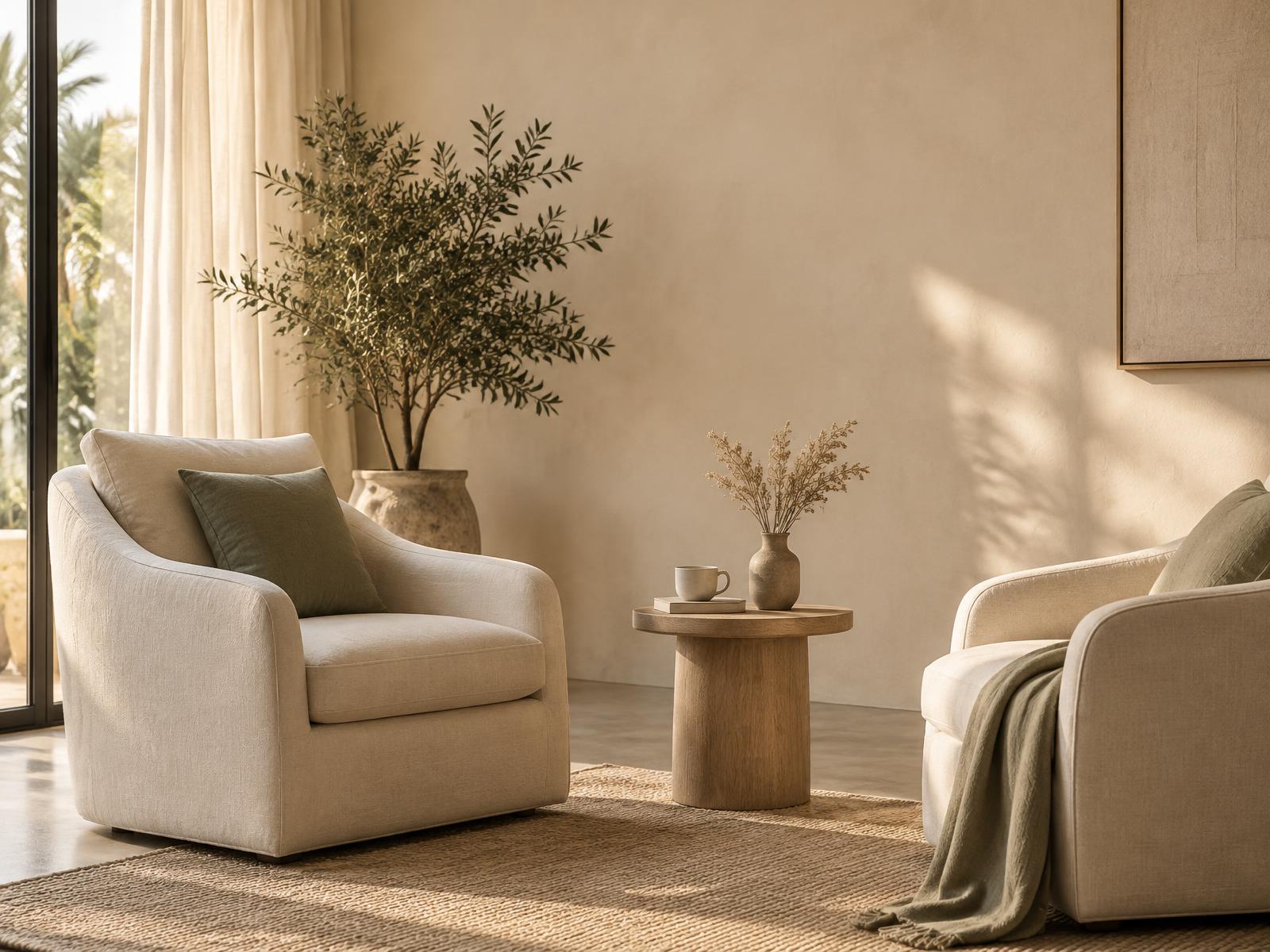 The HavenWell coaching room in Ikeja, with two linen armchairs facing each other in afternoon light